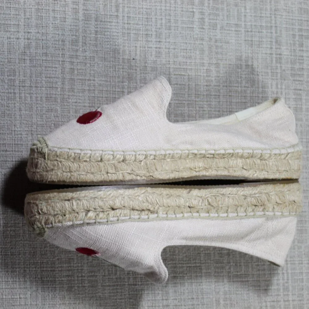 Soludos 7.5 Neutral Canvas Cherry Print Embroidered Platform Espadrilles Shoes